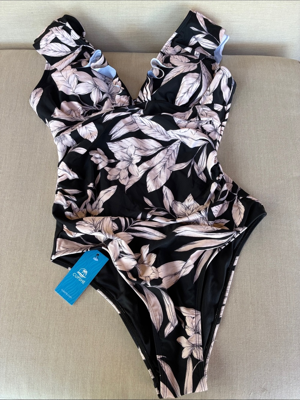 Black Floral One-Piece Swimsuit with Leaf Print